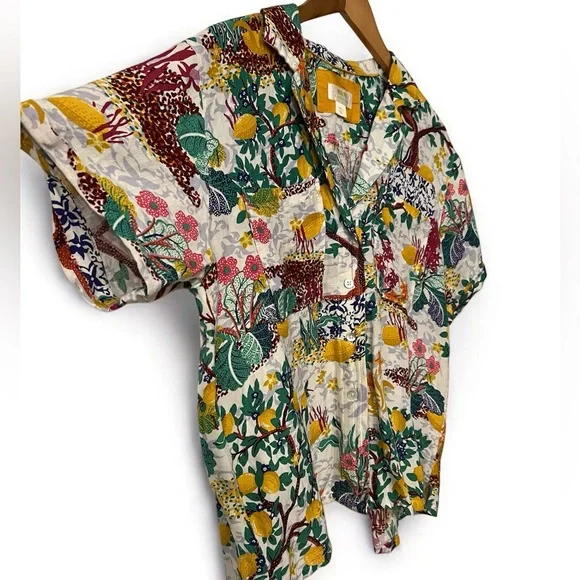 Anthropologie Linen Viscose Blend Classic Surf Shirt Top Novelty Lemon Small - Picture 4 of 8